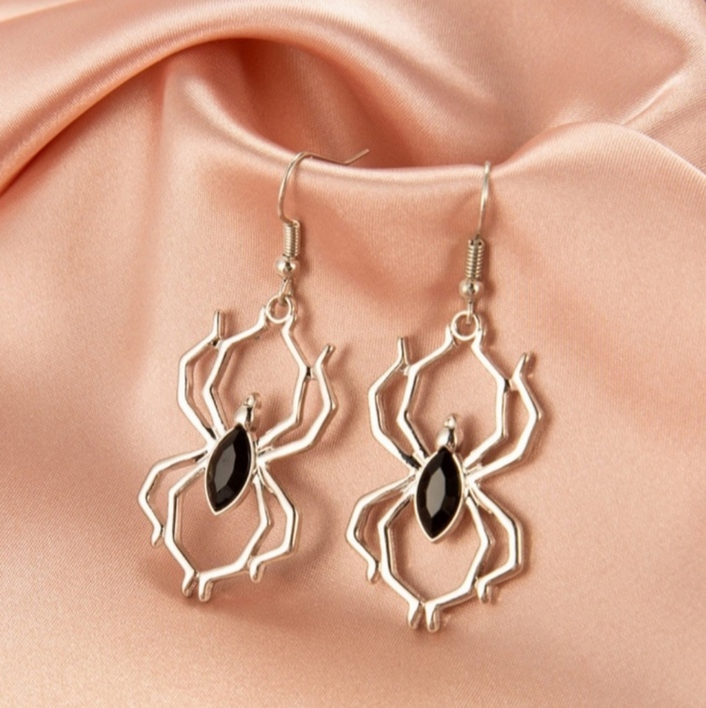 Silver-Toned Spider Drop Earrings